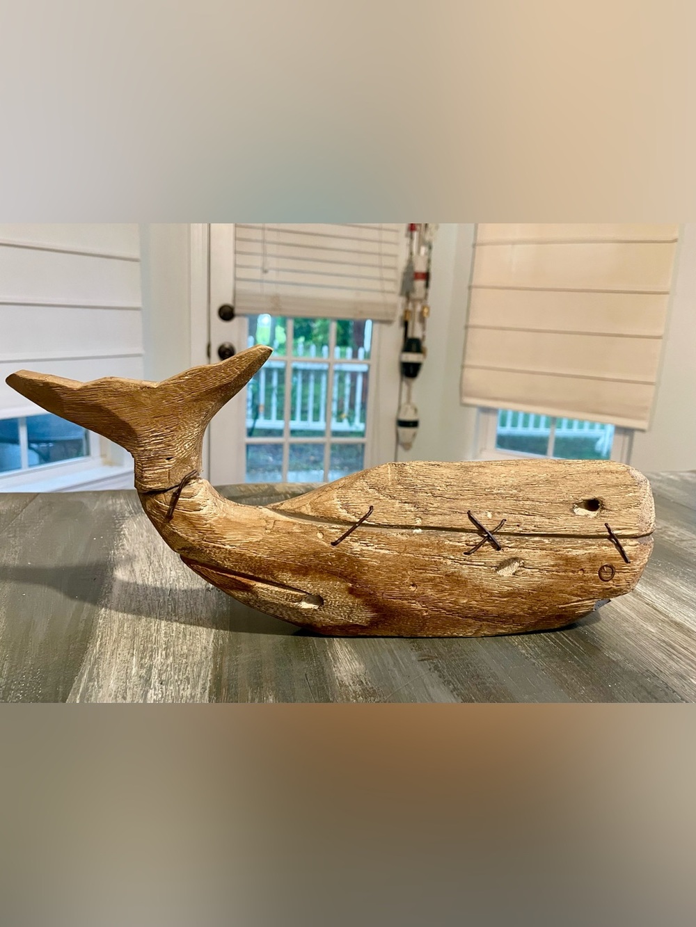 Rustic Hand-Carved Wooden Whale Coastal Folk Art Decor